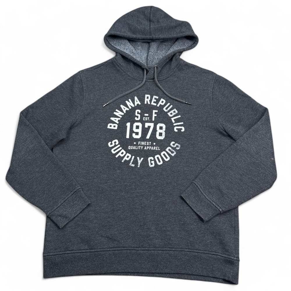 Banana Republic Fleece Hoodie Adult Size Large Gray Pullover Sweatshirt Big Logo